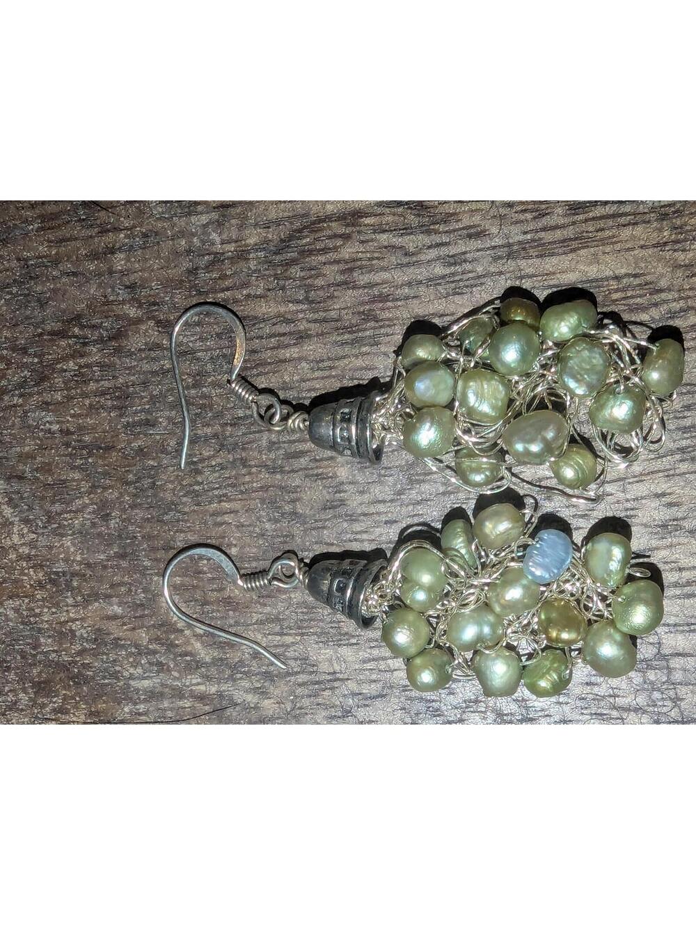 Handmade Cluster Pearl Drop Earrings with Silver Wire